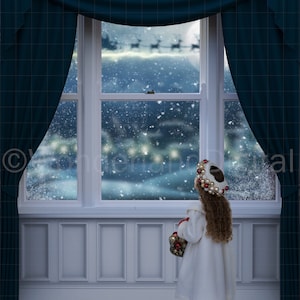 Christmas Window Digital Backdrop, Santa And Reindeer Over The Moon, Christmas Background