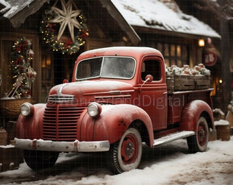 Könnte beinhalten: Ein roter Vintage-Pickup mit einer Holzpritsche steht vor einem rustikalen Holzgebäude, das für Weihnachten geschmückt ist. Der LKW ist mit Schnee bedeckt und hat einen Kranz am vorderen Stoßfänger. Das Gebäude hat ein Schild mit der Aufschrift "28".
