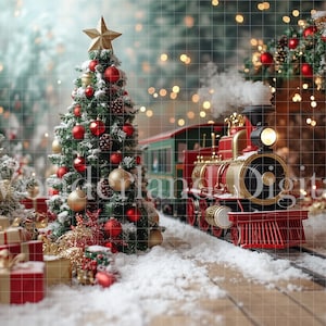 May include: A festive Christmas scene featuring a decorated tree with red and gold ornaments, a toy train, and wrapped gifts. The train is red and gold, with a plume of smoke. The scene is set in a snowy landscape with twinkling lights.