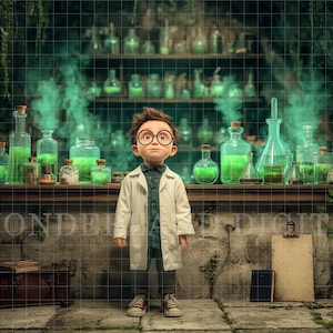 Puede incluir: Un joven con bata blanca y gafas grandes está de pie frente a una mesa llena de botellas y vasos de vidrio con líquido verde. El fondo presenta estantes con más botellas y humo verde.