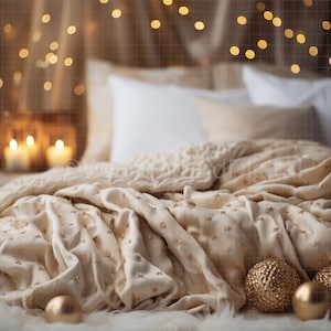 Christmas Digital Backdrop, Christmas Portrait Backdrop, Bed with Bokeh lights, Photography Background