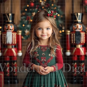 Puede incluir: Una niña pequeña con un vestido de Navidad verde y rojo y una diadema de acebo se encuentra frente a dos figuras de cascanueces rojas y doradas. El fondo es una pared de madera con un árbol de Navidad a cada lado.
