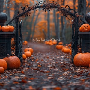Può includere: Scena digitale di Halloween con un sentiero fiancheggiato da zucche che conduce a un cancello in ferro battuto nero decorato con zucche intagliate. Lo sfondo mostra una foresta con foglie autunnali arancioni. Atmosfera spettrale.