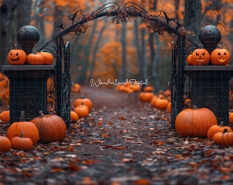 May include: A digitally created Halloween scene featuring a pathway lined with pumpkins leading to a decorative black iron gate. Carved jack-o'-lanterns sit atop the gate posts. The background shows a forest with orange foliage.