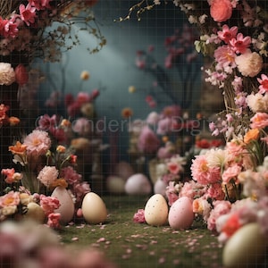 May include: A whimsical floral archway with pink and white flowers, accented with white eggs. The eggs are scattered on the ground in front of the archway, creating a festive Easter scene.