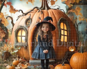 May include: A young girl dressed as a witch stands in front of a large pumpkin house decorated with lights. The pumpkin house has a door and windows. There are pumpkins on the ground in front of the house.