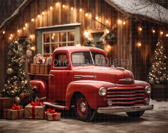 Könnte beinhalten: Ein roter Vintage-Pickup-Truck steht vor einem rustikalen Holzgebäude mit Weihnachtslichtern, die über die Vorderseite gespannt sind. Der Truck ist mit verpackten Geschenken beladen und es stehen zwei Weihnachtsbäume auf beiden Seiten des Trucks.