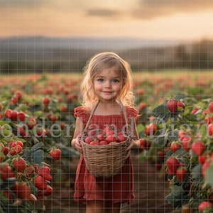 May include: A young child in a red dress holds a woven basket filled with fresh strawberries in a field. The child is smiling, surrounded by strawberry plants with ripe red fruit. The background features a sunset.