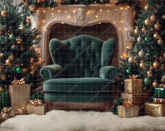 May include: A festive Christmas scene featuring a tufted green armchair, decorated Christmas trees, and wrapped gifts. The trees are adorned with gold and green ornaments. A white faux fur rug sits on the floor.