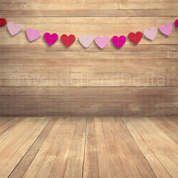 Valentines Day Digital Studio Backdrop, Wooden Room Mockup, Heart Banner, Digital Background