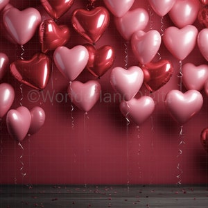 Valentines Day Backdrop, Digital Background, Red Backdrop with Red and Pink Heart Balloons, Valentines Day Composite Backdrop