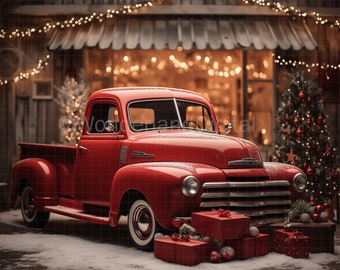 Könnte beinhalten: Ein roter Vintage-Pickup mit einer Holzpritsche steht vor einem rustikalen Gebäude mit Weihnachtslichtern. Der Wagen ist mit roten und weißen Weihnachtsgeschenken und einem kleinen Weihnachtsbaum geschmückt.