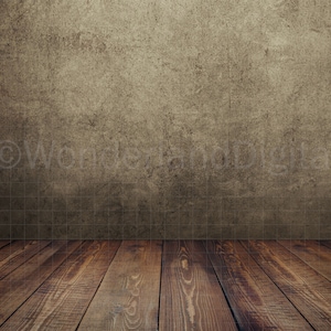 May include: A rustic wooden floor with a worn, textured concrete wall in the background. The floorboards are arranged in a grid pattern, creating a sense of depth and dimension.
