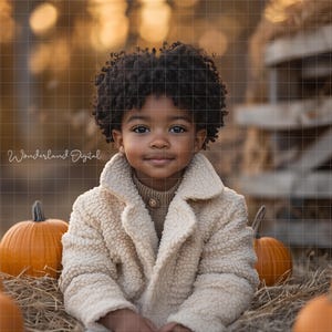 May include: A young child with curly black hair wearing a cream-coloured fluffy coat sits in a pile of hay with pumpkins around them.
