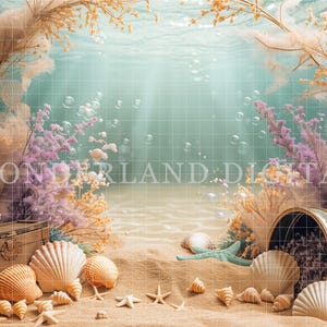 Under the Sea Digital Backdrop, Mermaid Ocean Floor Scene with Treasure & Seashells, Fantasy Underwater Photography Backdrop