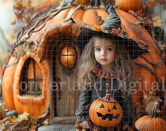 May include: A young girl dressed as a witch stands in front of a pumpkin house decorated for Halloween. She is wearing a black witch hat with a wide brim and a black dress with a brown collar. She is holding a small orange pumpkin with a carved jack-o'-lantern face.