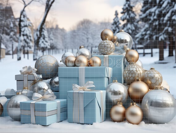 Christmas Gifts in the Snow Digital Photography Backdrop, Blue Christmas  Presents with Gold and Silver Ornaments, Winter Background