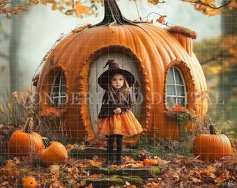 May include: A young person in a witch costume stands in front of a large pumpkin house. The house has a door and windows. Pumpkins and autumn leaves are scattered around the base of the house. The image has the text "WONDERLAND DIGITAL".