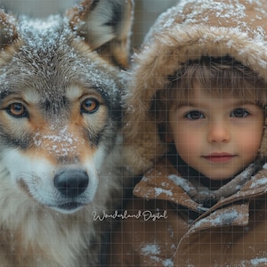 May include: A young child wearing a brown hooded coat with a fur trim, covered in snow, stands next to a wolf with a snowy muzzle. The child has a serious expression on their face, while the wolf looks directly at the camera.