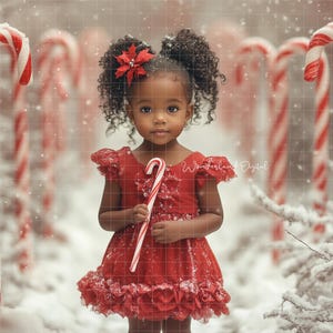 May include: A young girl in a red dress holds a candy cane in a snowy forest setting with red and white candy cane poles in the background.