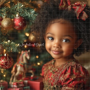 May include: A young girl with dark curly hair wears a red dress with gold accents and a red bow in her hair. She is smiling and looking at the camera. The background is a Christmas tree with ornaments.