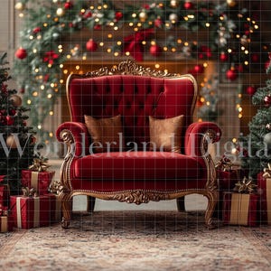 May include: A red velvet armchair with gold trim and ornate details sits in front of a fireplace decorated with Christmas lights and greenery.  Two Christmas trees with red and gold ornaments are on either side of the chair.