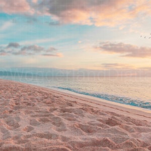 Beach Digital Backdrop, Sandy Beach at Sunset with Flock of Birds, Ocean Shoreline Digital Backdrop