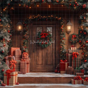 Christmas Digital Backdrop, Outdoor Christmas Digital Photography Backdrop, Christmas Porch, Winter Photography Backdrop