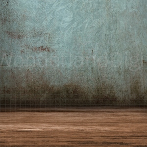 May include: A rustic background with a weathered blue wall and a wooden floor. The wall has a distressed look with a faded blue paint and brown spots. The floor is made of dark brown wood planks.