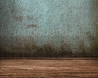 May include: A rustic background with a weathered blue wall and a wooden floor. The wall has a distressed look with faded blue paint and brown spots. The floor is made of dark brown wood planks.