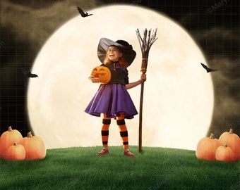 May include: A young girl dressed as a witch for Halloween holds a jack-o'-lantern and a broom in front of a full moon.