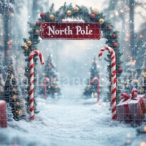 May include: A snowy winter scene with a red and white candy cane archway decorated with red and gold ornaments. The archway is labeled "North Pole" and is surrounded by snow-covered pine trees.