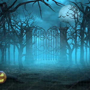 May include: A spooky Halloween scene with a large iron gate in the center, surrounded by bare trees and fog. Two jack-o'-lanterns are on the ground, one on each side of the gate. The moon is visible in the sky.