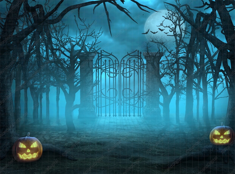 May include: A spooky Halloween scene with a large iron gate in the center, surrounded by bare trees and fog. Two jack-o'-lanterns are on the ground, one on each side of the gate. The moon is visible in the sky.