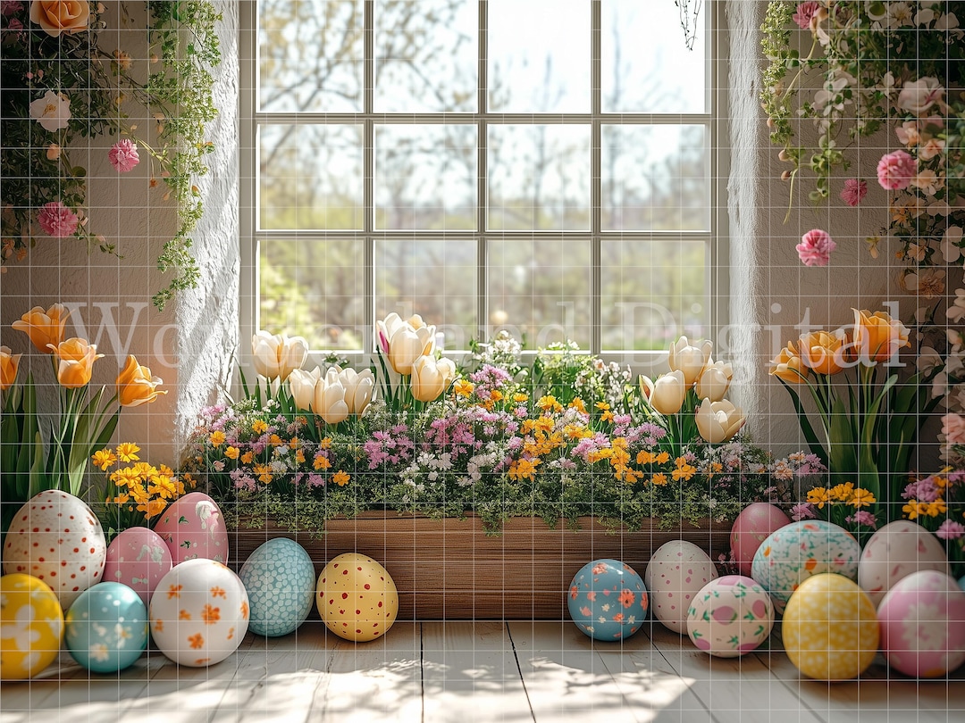 Easter Spring Window Easter Window Digital Background, Spring Backdrop, Floral Easter ...