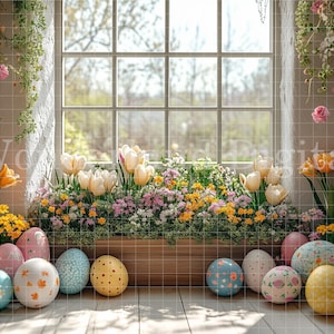 Osterfenster Digitaler Hintergrund, Frühlingshintergrund, Blumenostern Hintergrund, Bemalte Ostereier, Osterporträthintergrund