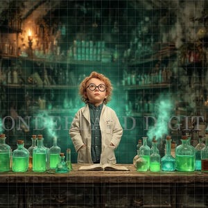 May include: A young person with curly red hair and glasses stands in a laboratory setting, wearing a lab coat. A collection of glass bottles filled with green liquid sits on a wooden table. The background features shelves with various bottles and a mystical green fog.