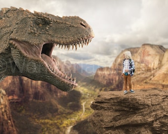 Dinosaur digitale achtergrond, Tyrannosaurus Rex in de woestijn, Photoshop achtergrond, dinosaurus digitale achtergrond