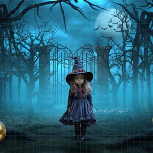 May include: A young girl dressed as a witch stands in a dark, foggy forest. She is wearing a black dress and a pointed hat with a wide brim. There are two jack-o'-lanterns on the ground, one in front of her and one to the right. The background is a dark forest with trees and a gate.