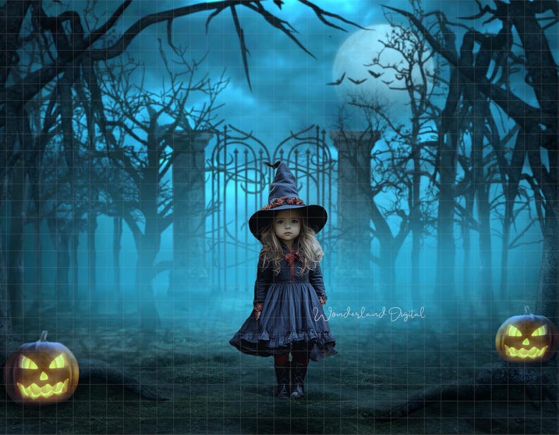 May include: A young girl dressed as a witch stands in a dark, foggy forest. She is wearing a black dress and a pointed hat with a wide brim. There are two jack-o'-lanterns on the ground, one in front of her and one to the right. The background is a dark forest with trees and a gate.