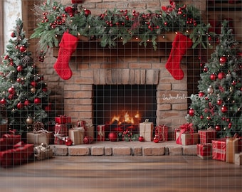 Christmas Room Digital Backdrop, Christmas Room with Fireplace and Christmas Trees, Childrens Photography Backdrop, Pet Christmas Backdrop