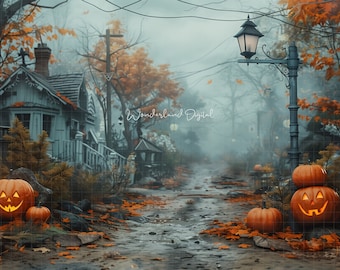 May include: A spooky Halloween scene with a house, a street lamp, and pumpkins. The street is lined with trees and the ground is covered in fallen leaves. The scene is set in a foggy forest.