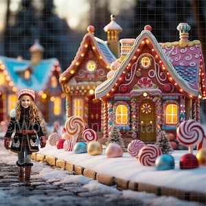 May include: A young girl in a winter coat and hat walks on a snowy path toward gingerbread houses decorated with lights and candy. Lollipops and colorful candies line the path, creating a festive holiday scene.