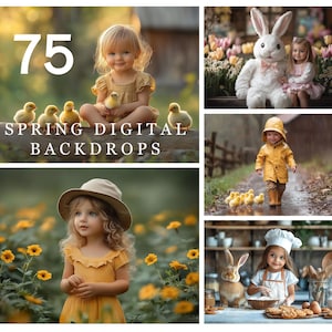 May include: A collection of 75 digital spring backdrops featuring various scenes with children, flowers, and animals. The backdrops are ideal for photographers and scrapbookers.