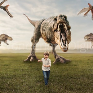 Dinosaur Digital Fantasy Backdrop - Grass Field with Dinosaurs - Fun Backdrop for Photo Editing