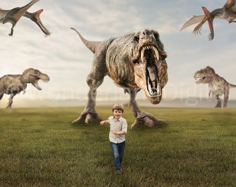 Dinosaur Digital Fantasy Backdrop - Grass Field with Dinosaurs - Fun Backdrop for Photo Editing