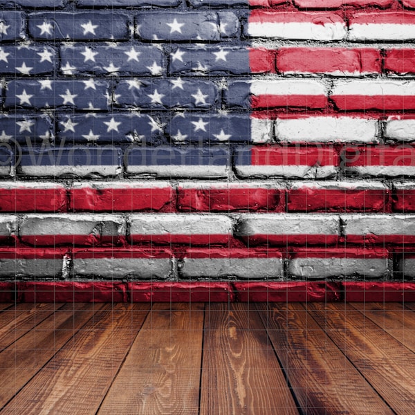 4th of July Studio Digital Backdrop, American Flag Brick Wall with Wood Floor, Digital Backdrop For Photoshop