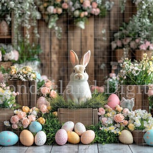 Holz Ostern digitalen Hintergrund, Frühling Hintergrund, Floral Ostern Hintergrund, Ostereier, Frühlingsblumen, Hase Kaninchen