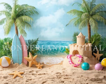 Beach Digital Backdrop, Tropical Sandcastle & Surfboard Summer Background, Ocean Photography Backdrop for Kids, Pets, Family Sessions