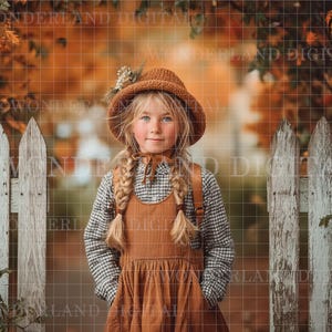 May include: A young person with blonde plaits wearing a brown hat with flowers, a checked shirt, and a brown pinafore dress. They stand before a white picket fence, with autumn leaves in the background.